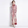 Tight Waist Slimming Maxi Dress With Belt For Women Summer Autumn Elegant Printed Cardigan Long Shirt Dress Floor Length Party Long Sleeve Vestido de mujer