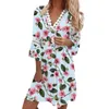 Casual Dresses Women Spring V Neck Floral Printing Dress Summer Short Sleeve Loose Fashion Pleated H Line Lace Trim 2024