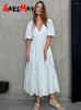 Party Dresses Vintage Women's Cotton Dress V Neck Elegant White Floral Print Midi Long Puff Sleeve Casual Summer For Women