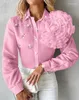 T-shirts pour femmes Blouses de mode 2024 Automne Rose Détail Strass Col rabattu Top Casual Manches longues Femme Pull polyvalent