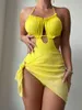 Damskie stroje kąpielowe seksowne puste puste zrzuty kostium kąpielowy 2024 Kobiety solidne żółte falbany pchnij bez pleców spódnicę na plażę kostium kąpieli monikini