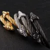 KALEN Punk Stainless Steel Matte Viking Wolf Charm Bangle Man Hip Hop Cable Wire Gold Color Animal Cuff Bracelet Men Jewelry 240312