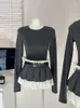 Werkjurken Koreaanse mode-outfits 2-delige rokset Grijs gebreide tops Lage taille Contrastkleur geplooid met riem Gyaru Coquette