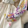 Sıradan Elbiseler Yaz Tatil Lavanta Çiçek Elbise Kadın Yay Yakası Uzun Kollu Çiçek Baskı Kemeri Tek Göğüslü Çöp Vestidos 6239