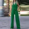 レディースツーピースパンツファッションノースリーブ2ピースセットソリッドVネックボタンタンクシャツハイウエストズボン衣装夏の女性ストレート