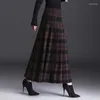 Юбки, модная женская одежда, утепленная длинная клетчатая трикотажная юбка со складками, осень-зима, корейская повседневная трапециевидной формы с высокой талией, большой подол