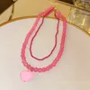 Naszyjniki wisiorek różowy kryształowy naszyjnik z koralikami podwójnie warstwy Choker Temperament Serce Clavicle łańcuch biżuterii moda