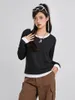 Женские футболки Женская рубашка с длинным рукавом с круглым вырезом Блок-цветной укороченный топ Ложные 2 предмета Лоскутные осенние топы Пуловер большого размера Уличная одежда