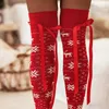 YILEEGOO S – chaussettes tricotées pour femmes, cuissardes hautes pour noël, nœud papillon en Satin, imprimé flocon de neige, bas longs