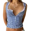 Dames Tanktop Dames Geruite print Kanten rand Cami Mouwloze tanktop Zomer Casual Button Down Bandage Open rug Bustier Crop Tops