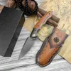 Cuchillo plegable de bolsillo con funda de cuero para coleccionistas, hoja de acero Wootz, mango de madera, equipo táctico de supervivencia, cuchillos de caza al aire libre