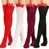 Calcetines de mujer Navidad dulce lazo rojo medias largas de feliz año medias hasta el muslo con lazo Soken