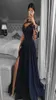 Una spalla blu navy Dubai abiti da sera manica lunga ALine spacco in raso di pizzo con perline abito da ballo formale Robe De Soiree 5962683