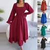 Robes décontractées 2024 Fête d'automne pour les femmes Solide Manches longues Taille haute Smockée Volants Robe Midi Élégant Lâche Cocktail