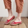 ブーツVEOWALK快適な女性リネンコットンニットスリッパ手作り夏フラットミュール女性ビンテージファブリック刺繍靴