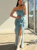 Casual Dresses Lemon Gina Women Single Breasted Strapless Multi Pocket High Split Cargo Denim Bodycon Midi Dress 2024