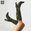 Boots Gogd Fashion Women's The Kne Boots New Chunky High Heels Camouflage Army Green Shoes Kne High Boots Pocket Block Jeans Boots