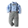 Set di abbigliamento 2024 Ragazzi alla moda per bambini Autunno Camicia a maniche lunghe Pantaloni con bretelle Abito stile preppy