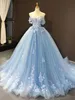 Feenhaftes hellblaues Ballkleid Quinceanera-Kleider, elegant, schulterfrei, Spitze, Applikationen, Tüll, lang, für Teenager, Sweet 15, Abendkleider für 16 Jahre, Abendkleider BC18409