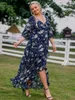 プラスサイズのドレス女性エレガントなVネックタイのダブルレイヤーフレアスリーブシフォンドレスファッションプリントフリルカジュアルルーズ