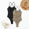 Damenbadebekleidung 2024 Großer rückenfreier einteiliger Badeanzug für Frauen Leopardenmuster 2-teiliger Bikini Einfarbiger schwarzer Hosenträger Slim Beach Monokini