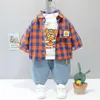 Baby Jungen Kleidung 05Y Frühling Herbst Mode Anzug Jungen Cartoon Plaid Shirts Jeans Kinder Casual 3 Stück Sets 240314