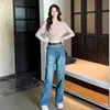 Damesjeans ontwerper Xiao Xiang Feng Mao Bian Wash Water Denim wijde pijpen broek voor 24 lente nieuwe hoge taille slanke en rechte pijpen vloertorens 44DS