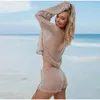 2023 Sexy Strand Crop Top Shorts Set Stricken Langarm Spitze Up Weibliche Anzug Sommer Urlaub Durchsichtig 2 Stück Frauen 240315