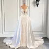 Robes de mariée Vintage en Satin et dentelle, avec traîne détachable, Sexy, col transparent, avec des Appliques de perles, robes de mariée arabes sur mesure