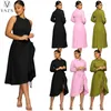 Work Dresses VAZN 2024 Women High Street Style Suits Long Sleeve Short Top Mid Length Dress Pure Color Two Piece Sets