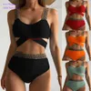 2024 atacado novo designer bandage bikini para mulher dividir cor sólida biquíni feminino triângulo sexy emagrecimento cintura alta maiô