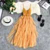 Casual Dresses Frenchic Tulle Women Crochet Patchwork Spaghetti Strap Irregular Mesh Female Elegant Dress Beach Sexy Vestidos Dropship