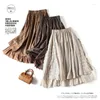 Skirts Vintage Chic Embroidery Linen Cotton Long Women Summer Elastic High Waist Pleated Maxi Skirt Female Elegant A-Line