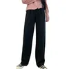 Calças femininas cintura alta terno elástico cor sólida calças de perna reta com bolsos inclinados para escritório