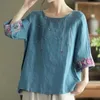 Camiseta feminina temperamento retro bordado em torno do pescoço superior verão estilo étnico lazer solto algodão meia manga camisetas