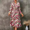 Robes décontractées Holiday Maxi Prints Robe Femmes Stand Up Cou À Manches Longues Cravate Lâche Taille Swing Robes Para Mujer