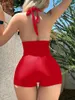 Women's Swimwear Solid Color One Piece Swimsuit 2024 Conservative Tankini Year Gift Red Bikini Sexy V-neck Backless Monokini