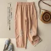 Kvinnor Pants Summer Elastic High midja Bomull Linne broderi Vintage Kvinnor Lossa Casual Fashion Ankle Längd All-Match byxor Femme