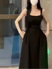 Abiti casual Elegante abito longuette sottile con collo quadrato nero in stile francese per donna Camouflage senza maniche in tinta unita alla moda con design chic