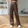 Kvinnors byxor 2024 Spring Summer Pu Wide Leg High midja Solid Color Fashion Leather Streetwear Casual Trousers for Female