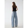 Jean taille haute confortable en coton naturel délavé, bleu, jambes larges, pleine longueur, pantalon en Denim version A pour femmes