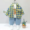 Baby Jungen Kleidung 05Y Frühling Herbst Mode Anzug Jungen Cartoon Plaid Shirts Jeans Kinder Casual 3 Stück Sets 240314