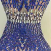 Sahne Giymek Seksi Parlayan Gümüş Mavi Rhinestones Şeffaf örgü kristaller elbise akşam doğum günü kutlama streç dans poshoot