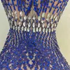 Stage Wear Sexy Shining Silver Blue Rhinestones Transparent Mesh Crystals Dress Evening Birthday Celebrate Stretch Dance Poshoot