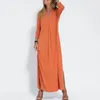 Casual Dresses Women Solid Color Dress Elegant V Neck Maxi With Pleated Sleeves Side Split Hem Soft Knitted Wear For Breathable