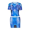 작업 드레스 여성의 여름 2pcs 의상 넥타이 염료 인쇄 짧은 슬리브 티셔츠 미니 바디콘 스커트 파티 옷