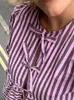 Blusas femininas moda rendas até camisa listrada para mulher 2024 primavera verão chique arco o pescoço solto camisas de manga curta feminino commuter