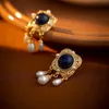 Vintage pearl earrings womens niche court style personality lapis lazuli blue stone fine eardrop 240311