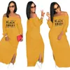 Vestidos casuales APIPEE Mujeres Otoño Invierno Off Hombro Slash Cuello Negro Smart Letter Print Tie Up Manga Side Slit Maxi Vestido largo