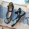 Flats Veowalk vintage broderie femme coton mary jane chaussures plates confortables dames ballerines de marche grande taille 10 11 bleu noir